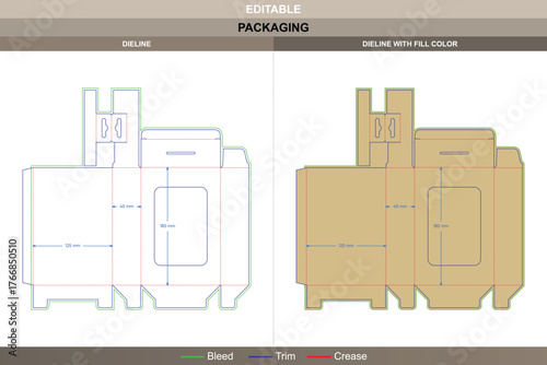 Hanging card box with window dieline designed in vector layout premium printing workflow and strong packaging panels with accurate die line cuts for secure and visible product display