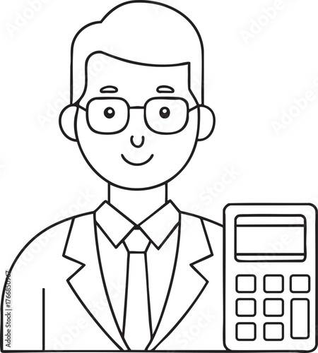 Business professional with calculator line art perfect for accounting education and business learning