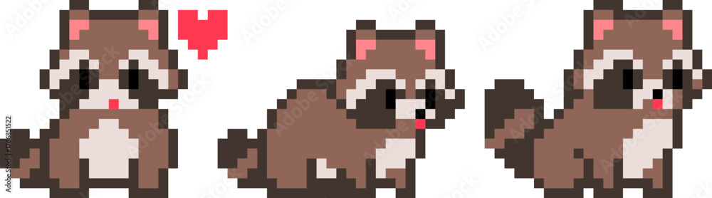 Fototapeta premium pixel illustration of cute raccoon emoji set