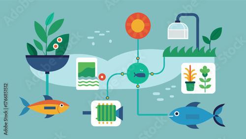 A closedloop system where plants and fish work in harmony creating a sustainable and symbiotic ecosystem for smart farming.. Vector illustration