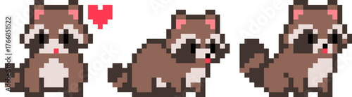 pixel illustration of cute raccoon emoji set