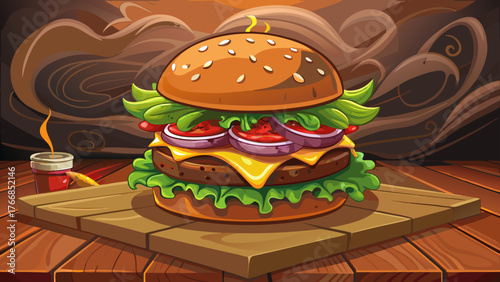 Very beautiful, a juicy gourmet hamburger on a dark wooden table with smoke, fresh ingredients, melted cheese, crisp lettuce, toasted bun, and appetizing restaurant-style presentation.
