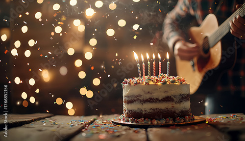 Man plays guitar near birthday cake with candles, surrounded by festive lights and confetti, creating joyful atmosphere