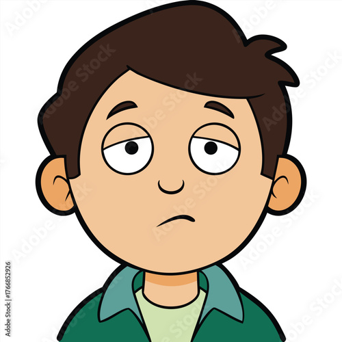 Cartoon boy with bored expression, droopy eyes and a frown child face