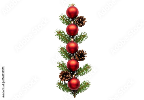 Vertical Christmas Decoration with Red Baubles, Pine Branches, and Pinecones on White Background