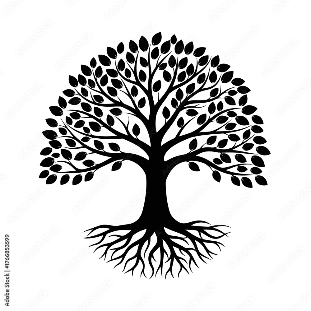 Fototapeta premium Black tree silhouette with detailed leaves and roots representing life 