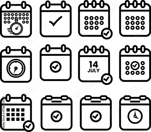 Calendar editable vector stroke line art icon collection. Set of business calendar symbols. Meeting deadline schedule icon. Monthly, weekly and daily time management and appointment schedule.