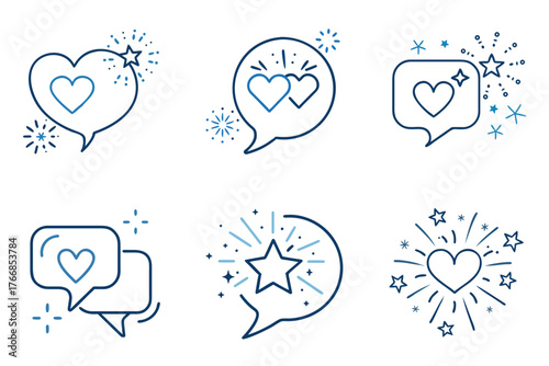Speech bubbles symbol icons with hearts and sparkles surrounded by stars and rays