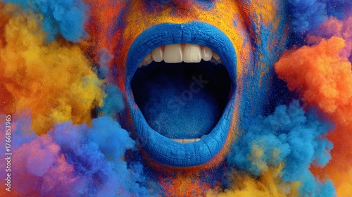 Vibrant vocalization captures an open mouth amidst a burst of dynamic colors, creating a captivating symphony of sight and sound, inviting a moment of pure, unadulterated expression.