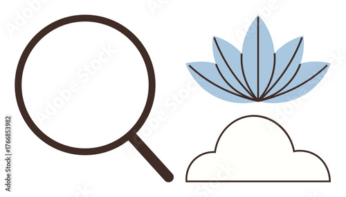 Magnifying glass with a lotus flower and cloud symbolizes discovery, mindfulness, and new ideas. Ideal for research, growth, wellness, meditation, spirituality clarity focus. Simple flat metaphor