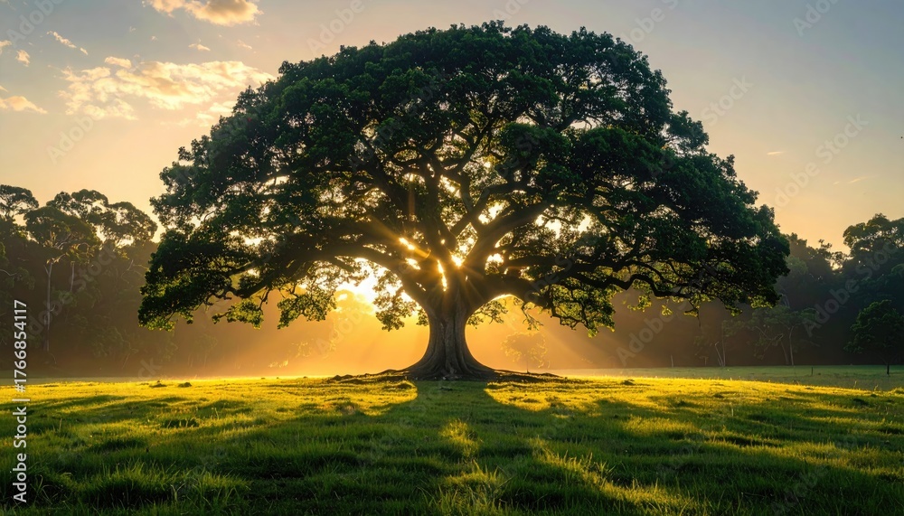 Fototapeta premium Majestic Tree Casting Shade Beneath Glowing Sunlight