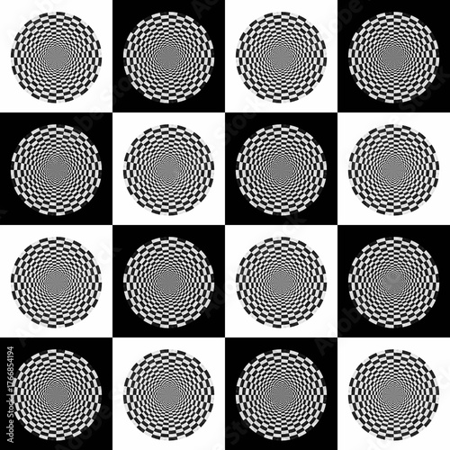 Abstract black and white square geometric background design. Spiral circles swirl abstract round optical illusion.