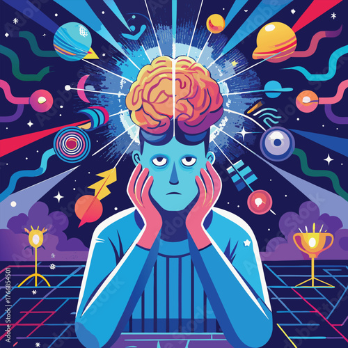 A figure experiencing information overload, with the brain depicted as an intensely bright, almost painful, source of light..