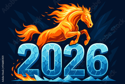 Fiery horse jumping over the year 2026 on a dark blue background