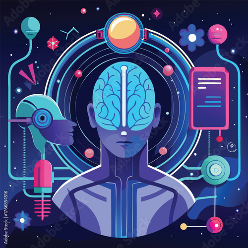 A futuristic representation of a human mind being actively processed or analyzed, indicated by the glowing brain and blue energy around the body..