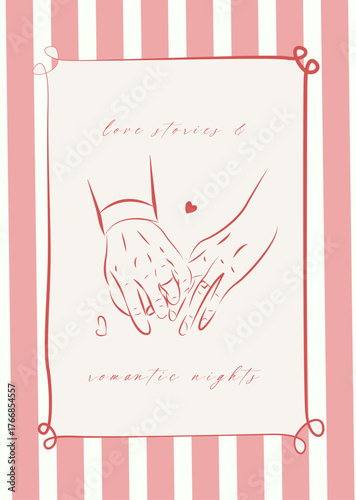 Valentine's Day card Intertwined hands of a man and a woman in a frame on a striped background Vector illustration