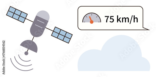 Satellite transmitting data, speedometer displaying 75 kmh, and cloud representing data or weather. Ideal for technology, communication, GPS, weather forecast, speed analysis, IoT data accuracy
