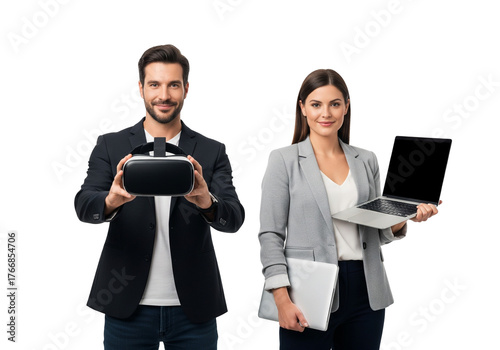 guy with VR glasses and businesswoman with laptop