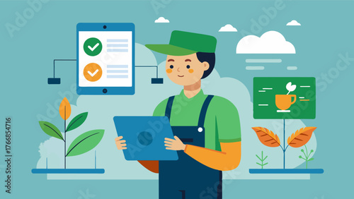 A farmer receives customized recommendations on crop fertilization and pesticide usage based on realtime data from their digital tracking system.. Vector illustration