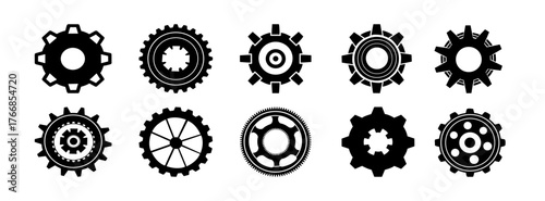 Gear setting cogwheel icon set. Mechanical engineering and industry machinery automation designs  gearwheel symbol collection black silhouette vector.