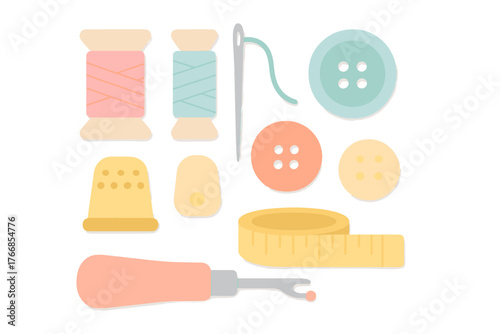 Pastel colored set of essential sewing tools including thread spools buttons needle and thimble