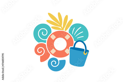 Summer vacation composition with lifebuoy, sand bucket, and seashells on white