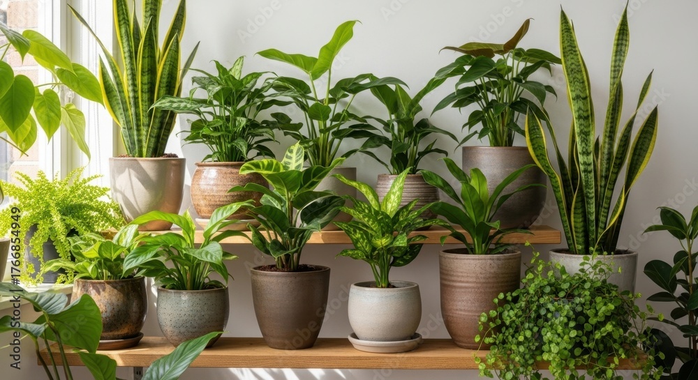 Fototapeta premium Collection of Potted Indoor Plants Displayed on Shelves Diverse Greenery Home Decor Botanical Arrangement