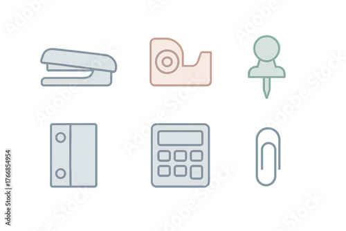 Six essential office supplies collection including stapler tape dispenser pushpin calculator and paperclip