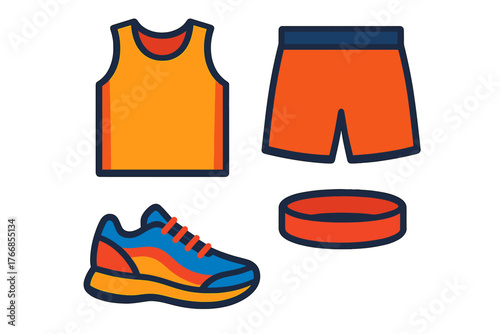 Brightly colored athletic apparel set featuring running shorts, tank top, sneaker, and wristband