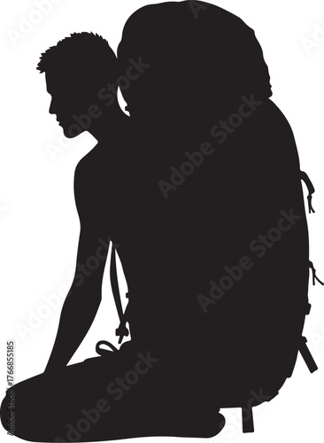 Black silhouette of person with large backpack sitting