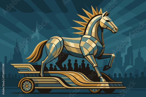 Stylized horse sculpture on a rolling chariot with geometric patterns