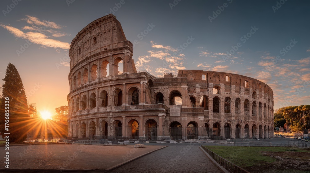 Naklejka premium Sunrise over the Colosseum in Rome with a beautiful sky and sunlight peeking through ancient arches