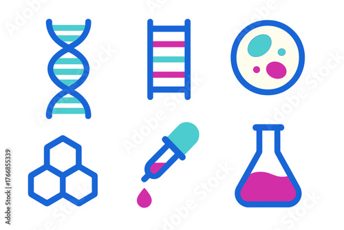 Set of colorful icons representing scientific research, chemistry, and biology concepts