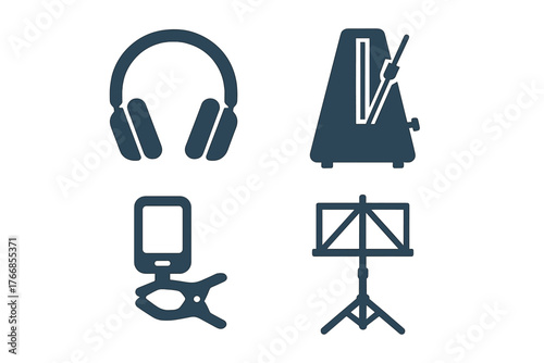 Set of essential musical practice equipment: headphones, metronome, tuner, and music stand