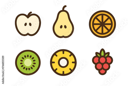 Six colorful fruit slices showing cross-sections of apple, pear, orange, kiwi, pineapple, and raspberry