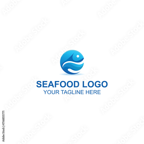 Blue Fish Wave Seafood Logo Design with Creative Illustration