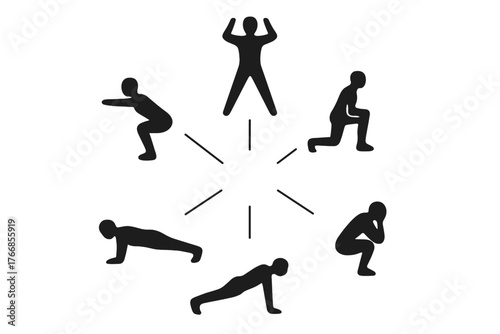 Black human silhouettes performing basic fitness exercises and workout movements