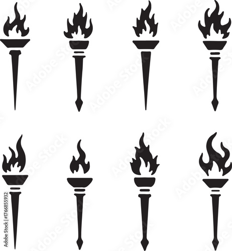 Black silhouette torches with flames on white background