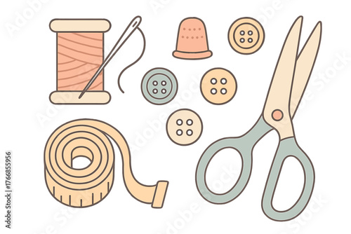 Set of colorful sewing accessories and tailoring equipment isolated on a white background
