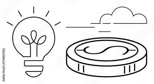Lightbulb with sprouting plant, coin with currency symbol, flying lines, and cloud symbolizing eco-friendly ideas, investment growth, and sustainable energy. Ideal for innovation, business, finance