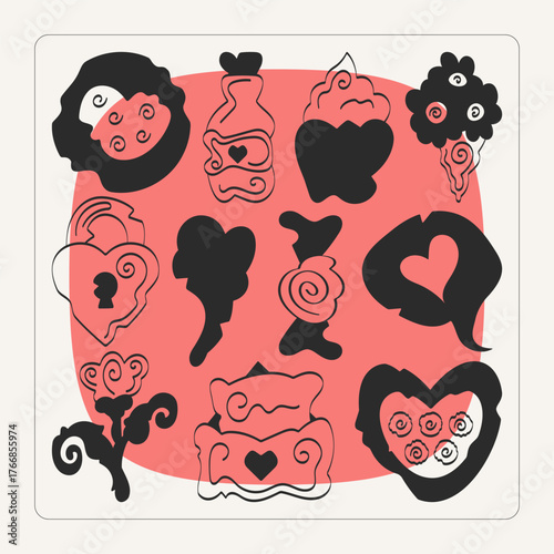 Black and white hand-drawn Valentine’s illustrations – collection of hearts, candies, and flowers for romantic cards, posters, and minimalist designs.