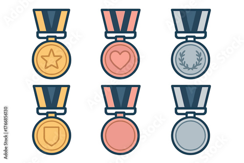Collection of award medals featuring star, heart, shield, and laurel wreath icons