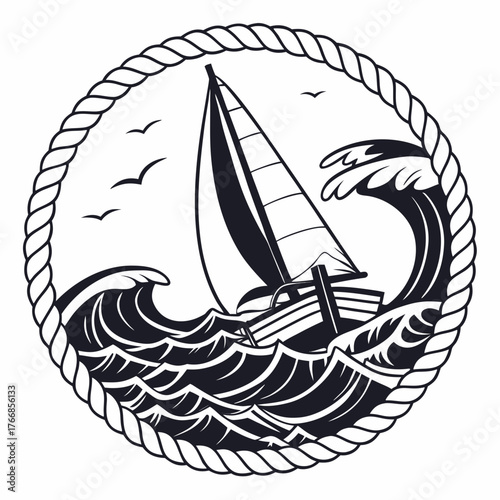 Sailboat in stormy sea with rope frame design