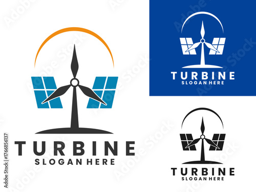 Turbine tower with solar power logo design vector template