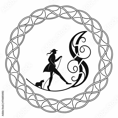 Silhouette of a woman walking a cat in a celtic frame