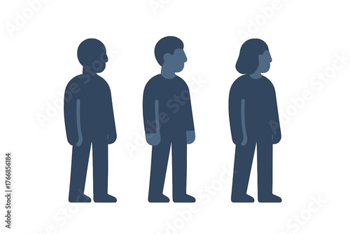 Minimalist graphic representation of three diverse people standing together in profile view