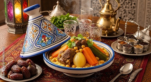 Authentic moroccan couscous feast with traditional lantern and dates