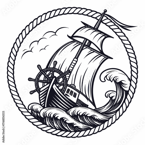 Vintage sailboat with waves in circle rope