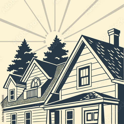 Vintage house illustration with sun rays