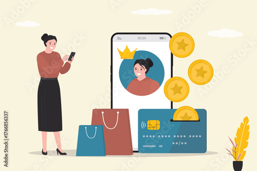 Reward program, motivation for shopping. Happy woman consumer with shopping bags earning cash back. Bank card with golden coins, cashback, loyalty program.